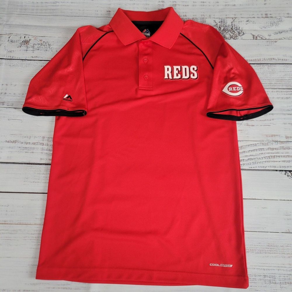 Cincinnati Reds Majestic Cool Base Baseball Polo Shirt Mens Size Small‎ Red Poly